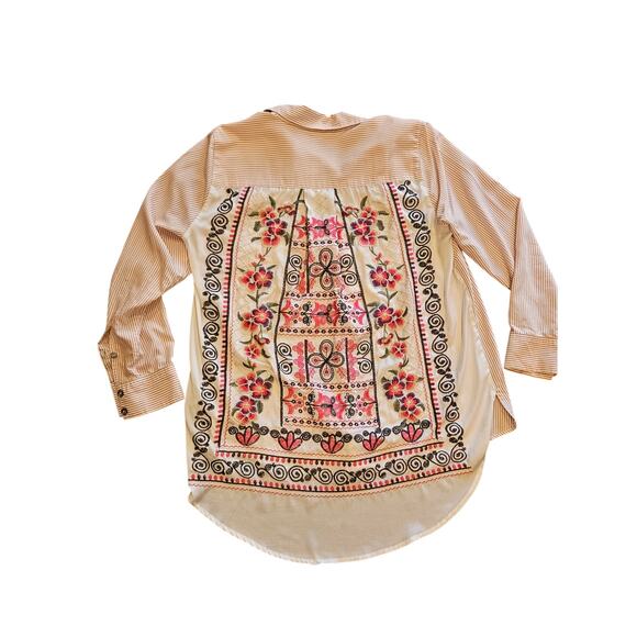 John mark button down Womens large pink stripe embroidered boho pearl buttons - Picture 1 of 9